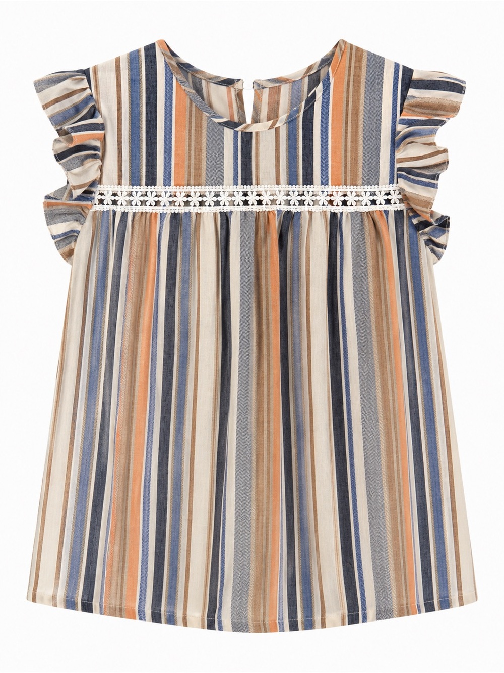 Womens Striped Ruffle Sleeve Top Size L- Blue & Tan